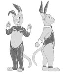 ambiguous_gender anthro bulge bunny_costume clothed clothing costume duo fake_ears fake_rabbit_ears male pasties paws reverse_bunny_costume simple_background smile tail tongue tongue_out lazzzy_drawings domestic_cat felid feline felis mammal digital_media_(artwork) monochrome sketch