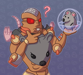 abs buckteeth duo hamster_ball hand_on_chin machine male outline pattern_background question_mark rat_tail red_eyes simple_background tail teeth archth hasbro takara_tomy transformers transformers:_beast_wars rattrap cybertronian mammal maximal robot rodent cel_shading crossover shaded