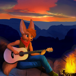 acoustic_guitar anthro biped bonfire campfire canyon clothed clothing cloud ear_piercing fire fur guitar hair male musical_instrument night outside piercing playing_guitar playing_music plucked_string_instrument sitting sky smile solo string_instrument jamesfoxbr canid canine fennec_fox fox mammal true_fox 1:1 2014 digital_media_(artwork) hi_res shaded