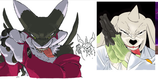 ambiguous_gender anthro armwear black_body black_ears black_fur clothed clothing evil_face front_view fur green_eyes sharp_teeth solo teeth tongue tongue_out dahecksajerry bandai_namco digimon fan_character renaman_(dahecksajerry) canid canine digimon_(species) gabumon mammal renamon terriermon terriermon_assistant
