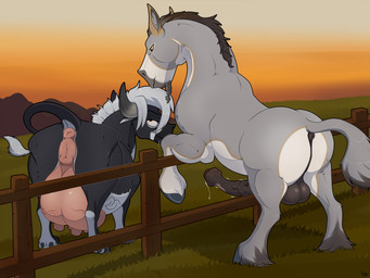 animal_genitalia animal_penis animal_vulva anus balls big_balls big_butt big_penis big_udders black_body black_fur bodily_fluids bovine_genitalia bovine_vulva butt dripping duo equine_anus equine_genitalia equine_penis erection female fence feral feral_on_feral fetlocks field fur genital_fluids genitals grey_body grey_fur grey_hair hair hooves horn huge_udders interspecies male male/female milk_vein penis plump_labia precum precum_drip presenting presenting_hindquarters puffy_anus raised_tail smile sunset tail tail_anus teats throbbing throbbing_penis udders vein veiny_penis veiny_udders vulva wood wood_fence mcfan margot_(mcfan) bovid bovine cattle draft_horse equid equine horse hybrid mammal mule 4:3 hi_res