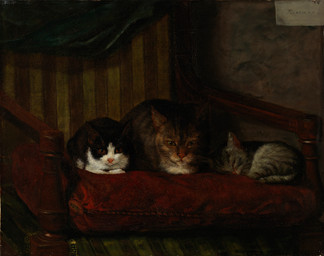 ambiguous_feral ambiguous_gender armchair chair detailed_background feral front_view fur furniture group half-closed_eyes inside loaf looking_at_viewer lying narrowed_eyes pillow quadruped resting trio whiskers adolf_becker domestic_cat felid feline felis mammal 1863 19th_century absurd_res ancient_art hi_res oil_painting_(artwork) painting_(artwork) signature traditional_media_(artwork) traditional_painting_(artwork)