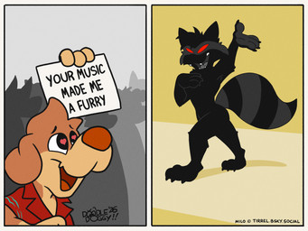 male meme_pose no_pupils red_eyes red_sclera toony your_music_saved_me doodledoggy doodle_(doodledoggy) milo_(tirrel) canid canine canis demon domestic_dog ghost mammal procyonid raccoon spirit hi_res meme