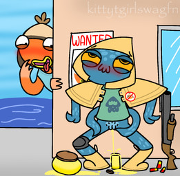 against_surface against_wall ammunition anthro being_watched blush bodily_fluids bottomless clothed clothing coat duo genital_fluids genitals gun hiding looking_at_another looking_up male male/male oblivious peeing pubes rainboots raincoat ranged_weapon shell_(projectile) shield_potion shotgun shotgun_shell tongue tongue_out topwear urine vulva wanted_poster water watersports weapon window kittytgirlswagfn epic_games fortnite fishstick_(fortnite) squibbly_(fortnite) aquatic cephalopod coleoid decapodiform fish mollusk squid