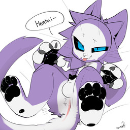anthro anus balls black_sclera blue_eyes claws fangs fur fur_markings genitals hair half-erect looking_at_viewer male markings monotone_background multicolored_body multicolored_fur pawpads paws penis presenting presenting_anus purple_body purple_fur simple_background solo speech_bubble spreading teeth text tongue tongue_out two_tone_body two_tone_fur white_body white_fur presto_(artist) presto_(character) domestic_cat felid feline felis mammal 1:1 absurd_res colored english_text hi_res