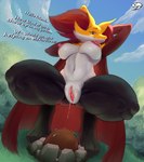 absurd_res amber_(kyuq) anthro areola bashful big_breasts bodily_fluids breasts canid cheek_tuft clitoris cloud crouching delphox diglett dripping english_text facial_tuft female fur garden generation_1_pokemon generation_6_pokemon genital_fluids genitals hands_behind_head hi_res inner_ear_fluff kyuq low-angle_view mammal mature_anthro mature_female multicolored_body multicolored_fur nintendo nipples nude orange_body orange_fur pink_areola pink_nipples pink_pussy plant pokemon pokemon_(species) presenting presenting_pussy pussy pussy_juice_drip pussy_juice_string red_body red_fur shrub sky solo spread_legs spreading text thick_thighs tuft vaginal_fluids wide_hips yellow_body yellow_fur