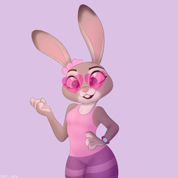 4_fingers alternate_costume anthro athletic_wear biped bottomwear buckteeth clock clothed clothed_anthro clothed_female clothing countershade_face countershade_hands countershading cross-eyed dipstick_ears ear_accessory ear_markings eyebrows eyewear female female_anthro fingers fully_clothed fully_clothed_anthro fully_clothed_female glasses heart_glasses heart_sunglasses long_ears multicolored_ears open_mouth open_smile pattern_bottomwear pattern_clothing philtrum pink_clothing pink_scrunchie pink_shirt pink_tank_top pink_topwear scrunchie shirt smile solo striped_bottomwear striped_clothing stripes sunglasses tank_top teeth tight_clothing topwear watch wearing_glasses wearing_sunglasses wristwatch furri_nsfw disney zootopia judy_hopps european_rabbit lagomorph leporid mammal oryctolagus rabbit 1:1 absurd_res digital_media_(artwork) hi_res portrait three-quarter_portrait