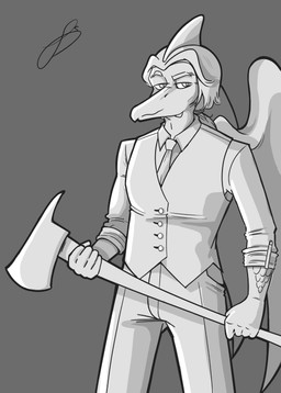 anthro axe black_outline bottomwear clothed clothed_anthro clothed_male clothing collared_shirt dress_shirt eyebrows fingers frill_(anatomy) grey_background hair holding_axe holding_object humanoid_hands long_hair looking_aside male necktie outline pants ponytail raised_eyebrow scales shirt simple_background smile smirk solo topwear wings bass1l1ssc0 cavemanon_studios i_wani_hug_that_gator iadakan prehistoric_species pterosaur reptile scalie greyscale hi_res monochrome signature