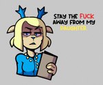 4_fingers angry anthro antlers blonde_hair blue_antlers blue_clothing blue_eyes blue_lipstick blue_nose blue_shirt blue_topwear bob_cut breasts clothing eyebrows female fingers frown hair horn jewelry lipstick makeup necklace notebook profanity scowl shirt simple_background solo text tongue topwear conditional_dnp thehenwithatie deltarune undertale_(series) carol_holiday deer mammal 2025 english_text hi_res