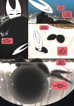 4_panel_comic anthro belly belly_inflation big_belly biped black_body black_text breasts butt collarbone dialogue ellipsis exclamation_point eyebrows eyes_closed featureless_breasts female floating huge_belly hyper hyper_belly inflation looking_back motion_lines nude partially_submerged question question_mark shaking shivering solo sound_effects speech_bubble talking_to_self text water white_text vale-city hollow_knight:_silksong hollow_knight_(franchise) team_cherry hornet_(hollow_knight) arachnid arthropod spider 2026 absurd_res comic english_text hi_res