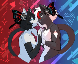 anthro anthro_on_anthro black_hair duo eye_contact femboy hair looking_at_another male male/male smile tail white_hair munkeesgomu blackjack_(devilcatjack) custom_ink domestic_cat felid feline felis mammal hi_res