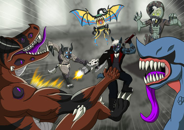 ambiguous_gender anthro demonic_pokemon feral fight_scene group gun male ranged_weapon shotgun sword_over_shoulder violence weapon flameyverdantfire nintendo pokemon jack_(flameyverdantfire) demon dracovish fossil_pokemon generation_4_pokemon generation_5_pokemon generation_8_pokemon humanoid krookodile lucario monster perrserker pokemon_(species) shadow_pokemon sigilyph toxicroak hi_res