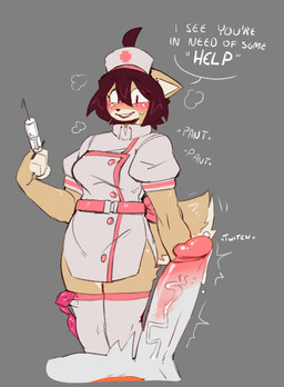 anthro blush bodily_fluids breath clothed clothed_anthro clothed_female clothing condom erection female female_anthro fluffy fluffy_tail genital_fluids genitals hat headgear headwear humanoid_genitalia humanoid_penis legwear male male/female mostly_offscreen_character nurse nurse_clothing nurse_hat nurse_headwear nurse_uniform offscreen_male panting penis precum precum_bead sexual_barrier_device standing syringe tail text thigh_highs throbbing throbbing_penis uniform derpyfox_36 ashley_(derpyfox_36) canid canine mammal 2025 english_text