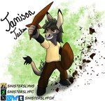 action_pose anthro black_boots black_clothing black_footwear boots bottomwear brown_bottomwear brown_clothing brown_eyes brown_pants clothed clothed_anthro clothed_male clothing fantasy footwear fur grey_body grey_fur grey_hair hair holding_melee_weapon holding_object holding_weapon male melee_weapon multicolored_body multicolored_fur pants pose shield shirt shoes simple_background smile smiling_at_viewer standing_on_another text topwear weapon wood wood_shield wooden_sword yellow_clothing yellow_shirt yellow_topwear young young_anthro young_male sinisterslyfox jamison_jackson asinus donkey equid equine mammal english_description english_text hi_res shaded soft_shading