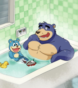 anthro bathing bathtub belly blue_body detailed_background duo eyes_closed inside kemono male moobs nipples open_mouth overweight overweight_male smile steam young young_anthro kmhr_889012 bear mammal 2023 hi_res