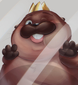 4_fingers anthro biped black_nose blush brown_body brown_fur crown fingers fur headgear kemono one_eye_closed overweight simple_background solo sushikorourcon disney hoppers_(disney) pixar king_george_(hoppers) beaver mammal rodent 2026 hi_res