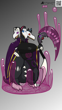 3_heads anthro atropos balls bone breasts bulge butt clothing conjoined dark death detailed_bulge foreskin genitals gynomorph helms hyper intersex magic melee_weapon multi_head nude obese outlines overweight penis piercing polearm qr_code robe scythe skull solo weapon xdiegosilvax castlevania konami libitina slogra monster 9:16 absurd_res hi_res