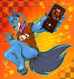 4_toes anthro background_text blue_body blue_fur bottomless brown_pupils cellphone checkered checkered_background claws clothed clothing cord devil_horns_(gesture) earbuds electronics fanges feet fin fur geometric_background gesture gradient_background hand_gesture handpaw head_tuft headphones holding_object holding_phone jumping looking_at_viewer lyrics male midair music nails orange_body orange_gills orange_pawpads orange_scales orange_sclera pattern_background pawpads paws persim_scarf phone phone_screen pupils rocking_out scales scarf short_sleeved_shirt simple_background smartphone smile solo tail tail_fin teeth toes tuft cibguts hot_wheels hot_wheels_twin_mill mattel nintendo pokemon samsung_galaxy smash_mouth splatoon xevy canid canine canis generation_3_pokemon hybrid mammal pokemon_(species) swampert wolf absurd_res hi_res