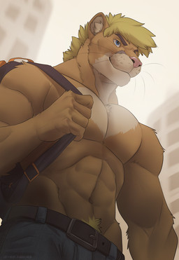 5_fingers abs anthro backpack belt biceps blonde_hair blue_eyes bottomwear city clothed clothing day denim denim_bottomwear denim_clothing eyebrows fingers fur hair inner_ear_fluff jeans male multicolored_body multicolored_fur muscular muscular_anthro muscular_male navel outside pants pecs pink_nose pubes sky smile solo standing topless tuft two_tone_body two_tone_fur whiskers koul kubwa cougar felid feline mammal 2018 digital_media_(artwork) signature