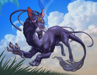 4_fingers 4_toes black_body black_fur day detailed_background feet feral fingers fur open_mouth outside sky tail teeth toes tongue katie_hofgard mythology dragon furred_dragon furred_scalie mythological_creature mythological_scalie scalie 2015 digital_media_(artwork)
