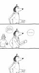 anthro bernielover black_and_white canid canine canis clothing comic disney duo english_text flirting fur hi_res male mammal monochrome officer_wolfard running simple_background solo_focus speech_bubble text white_background wolf zootopia