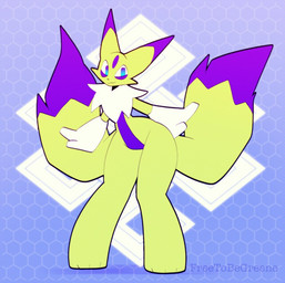 2_tails abstract_background ambiguous_gender anthro biped blue_eyes dipstick_ears dipstick_tail ear_markings fur green_body green_fur markings multi_tail multicolored_body multicolored_ears multicolored_fur purple_ears purple_eyelids purple_tail smile solo standing tail tail_markings text white_body white_fur white_hands freetobegreene canid canine fox mammal archived_source artist_name digital_media_(artwork) full-length_portrait portrait