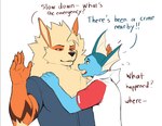 anthro blue_body clothing dialogue duo fur hair looking_at_another male officer orange_body orange_fur simple_background tail text uniform white_background yolko_shark nintendo pokemon arcanine eeveelution generation_1_pokemon pokemon_(species) vaporeon 2025 absurd_res english_text hi_res