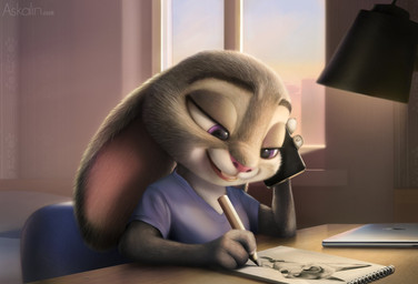 anthro apartment bed buckteeth cellphone chair city_view clothing desk desktop device drawing_(action) drawing_(object) dreamy_eyes duo electronics female furniture furniture_lamp logo male male/female notebook office_chair on_phone pencil_(object) phone pillow shirt smartphone smile t-shirt table teeth text topwear v-neck_shirt window askalin disney zootopia judy_hopps nick_wilde canid canine european_rabbit fox lagomorph leporid mammal oryctolagus rabbit red_fox true_fox artist_logo artist_name digital_media_(artwork) hi_res sketch watermark