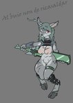 absurd_res anthro big_breasts blind_eye bottomless breasts broken_horn clothed clothing collar crowskull deer ear_piercing female genitals greatsword green_hair hair hi_res hooves horn legwear mammal nipples piercing pussy scar solo weapon wide_hips