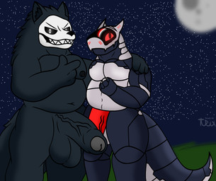 anthro balls big_balls big_penis bros_being_bros duo genitals gesture grass_field hand_gesture happy huge_balls huge_penis looking_at_viewer male male/male moon night nude nude_anthro nude_male penis pointing pointing_at_another slightly_chubby slightly_chubby_male smile smiling_at_viewer star vein veiny_penis tunrix_canrio br-14_bartmoss_(peje) quentin_(peje) robot_anthro skulldog_(species) synth_(vader-san)
