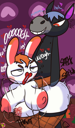 abdominal_bulge ahegao ambiguous_penetration anthro areola arm_grab belly belly_inflation big_areola big_breasts big_butt bouncing_breasts breasts bubble butt clothing doggystyle dominant dominant_male drunk drunk_bubble duo erect_nipples eye_roll female fishnet_clothing fishnet_legwear from_behind_position half-closed_eyes heart_eyes heart_symbol inflation kiss_mark legwear lips lipstick looking_pleasured makeup male male/female narrowed_eyes nipples penetration sex substance_intoxication thick_lips thick_thighs klutzatdusk animal_crossing nintendo roscoe_(animal_crossing) tiffany_(animal_crossing) equid equine horse lagomorph leporid mammal rabbit hi_res