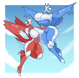 amber_eyes anthro anthrofied big_breasts blue_body body_writing border breasts clothing crossed_arms crossgender curvy_figure duo featureless_breasts featureless_crotch female flying footwear gesture glass grumpy happy high_heels huge_breasts machine mtf_crossgender nude pokemorph red_body red_eyes serial_number shoes sky smile waving white_border wide_hips wings rudytheshark mythology nintendo pokemon dragon generation_3_pokemon latias latios legendary_pokemon mechanical_dragon mythological_creature mythological_scalie pokemon_(species) scalie absurd_res hi_res sibling_(lore) sister_(lore) sisters_(lore)