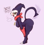 anthro bent_over big_breasts blush breasts clothing dialogue female gloves green_eyes handwear open_mouth solo speech_bubble tail tail_motion tailwag sirphilliam bandai_namco digimon digimon_(species) impmon hi_res