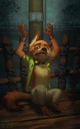 4_toes aloha_shirt anthro black_nose blood bodily_fluids bottomwear bruised bruised_eye clothed clothing collar cuff_(restraint) detailed_background feet fur green_clothing green_eyes green_shirt green_topwear grey_bottomwear grey_clothing grey_pants hands_above_head male nosebleed open_clothing open_mouth open_shirt open_topwear orange_body orange_fur outside pants pattern_clothing pattern_shirt pattern_topwear restraints sad shackles shirt shock_collar sitting solo toes topwear supechips disney zootopia nick_wilde canid canine fox mammal 5:8 absurd_res hi_res signature