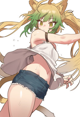 5_fingers ahoge armband athletic athletic_female athletic_humanoid black_bottomwear black_clothing black_denim_shorts blonde_hair blush blush_lines bodily_fluids bottomwear bracelet braided_hair breasts clothing denim denim_bottomwear denim_clothing denim_shorts eyebrows eyelashes female fingers flowing_clothing flowing_hair green_hair hair inner_ear_fluff jewelry looking_down low-angle_view multicolored_hair navel open_mouth shirt shorts simple_background slim_female slim_humanoid small_breasts solo sweat sweaty_arms sweaty_legs sweaty_thighs tail tank_top thick_thighs topwear tuft twintails_(hairstyle) two_tone_hair two_tone_tail white_clothing white_shirt white_tail white_tank_top white_topwear yellow_ears yellow_tail ebora fate_(series) type-moon atalanta_(fate) animal_humanoid felid felid_humanoid feline feline_humanoid humanoid mammal mammal_humanoid 2025 absurd_res colored detailed digital_drawing_(artwork) digital_media_(artwork) hi_res portrait shaded three-quarter_portrait