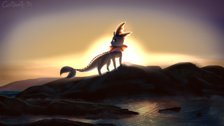 ambiguous_gender cloud rock solo sunset tail water coffeefly nintendo pokemon eeveelution generation_1_pokemon pokemon_(species) vaporeon 16:9 hi_res widescreen