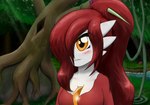 blush blush_lines breasts cleavage clothed clothing detailed_background female forest hair hair_over_eye long_hair medium_breasts not_furry one_eye_obstructed orange_eyes plant ponytail red_hair roots smile solo tree tree_carving ghostth39 nintendo pokemon gardevoir generation_3_pokemon pokemon_(species) 2021