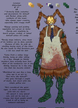 accessory anthro apron asterisk_(symbol) blood blood_on_apron blood_on_clothing bodily_fluids claws clothing fur green_claws male mask necktie pattern_necktie shaggy_fur solo star_pattern stitch_(sewing) striped_body striped_fur striped_necktie stripes surgical_suture text torn_clothing yellow_mask skeletonbellies the_walten_files lorenzo_waterman_(the_walten_files) pumpkin_rabbit lagomorph leporid mammal rabbit artist_name english_text hi_res model_sheet url