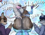 accessory anthro armwear ass_clapping back_boob bangs bent_over big_breasts big_butt big_ears black_nose blep blue_background blue_body blue_clothing blue_fur blue_hoodie blue_topwear bodily_fluids bottomless bottomless_female bra breasts brown_body brown_fur buckteeth butt butt_jiggle butt_worship chest_tuft claws cleavage clothed clothing countershade_butt countershade_ears countershade_face countershade_torso countershading dice elbow_gloves eyewear fangs female fingerless_gloves fur gesture gloves grey_body grey_fur grey_hair hair hair_accessory hairpin hand_gesture handwear heart_symbol hoodie huge_breasts huge_butt inner_ear_fluff jiggling leggings legwear long_hair looking_at_viewer looking_back male markings motion_lines mouse_tail musk neck_tuft pink_eyes pink_nose pink_tail ponytail praying purple_clothing purple_hoodie purple_topwear red_nose simple_background singer skimpy slightly_chubby slightly_chubby_female smile sparkles sparkling_eyes spots spotted_markings sunglasses sweat sweaty_breasts sweaty_butt tail tail_gesture tail_heart tan_body tan_fur tassels teeth text thigh_highs tongue tongue_out topwear tuft twerking underwear v_sign stylish_apollo kurt_pendleheim melody_(stylish_apollo) vance_frazhier canid canine canis felid feline lynx mammal mouse murid murine rodent wolf hi_res story story_in_description