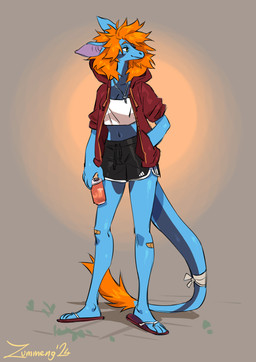 4_fingers alcohol anthro beer beverage beverage_can blue_body bottomwear breasts claws clothing feet female finger_claws fingers footwear fur hair hindpaw humanoid_hands jacket orange_hair paws sandals shoes shorts smile solo tail topwear zummeng ana_(zummeng) alien hybrid 2024 hi_res