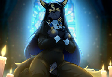 anthro bodily_fluids breasts candle church cum female fire genital_fluids genitals nipples nun nun_outfit prayer solo tears vulva dori-du absurd_res hi_res