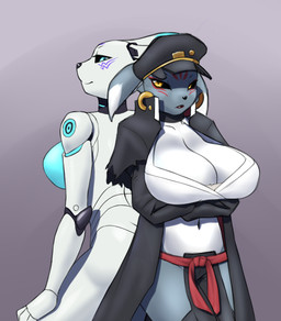 anthro bandage big_breasts black_body breasts clothing crossed_arms duo female fur glare grey_body grey_fur hat headgear headwear huge_breasts looking_at_viewer looking_back machine markings nipples overcoat standing white_body white_fur furball bandai_namco digimon jojo's_bizarre_adventure stardust_crusaders banchomikomon jotaro_kujo mikomon palance android canid canine digimon_(species) fox mammal robot stand_(jjba) 2024 hi_res