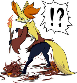 anthro black_body black_fur bodily_fluids brown_body brown_fur butt female fire fur inner_ear_fluff interrobang orange_body orange_eyes orange_fur simple_background solo speech_bubble stick sweat sweatdrop tuft white_background white_body white_fur yellow_body yellow_fur メガあると nintendo pokemon canid canine delphox generation_6_pokemon mammal pokemon_(species)