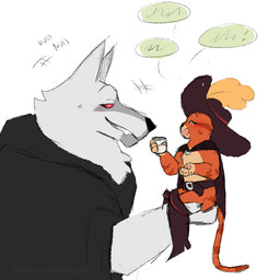 anthro belt beverage blush boots cape carrying_another cloak clothing container cup duo ears_up empty_speech_bubble eyes_closed facial_markings footwear fur fuzzy glass glass_container glass_cup grey_body grey_fur grin half-closed_eyes hand_held handheld happy hat head_markings headgear headwear holding_another holding_container holding_cup holding_object in_hand looking_at_another male male/male markings mask_(marking) milk motion_lines narrowed_eyes nodding open_mouth open_smile orange_body orange_fur pawpads pointy_ears poncho prick_ears red_eyes shoes side_view simple_background sitting size_difference smile speech_bubble standing tail teeth text white_background cowboyfirestar dreamworks puss_in_boots_(franchise) death_(puss_in_boots) puss_in_boots_(dreamworks) canid canine canis domestic_cat felid feline felis mammal tabby_cat wolf