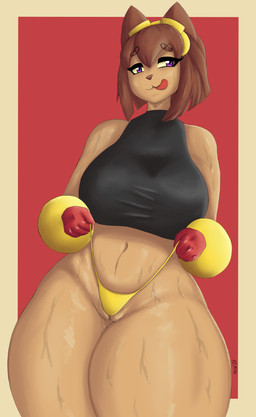 anthro bodily_fluids breasts brown_hair clothed clothing curvy_figure female genitals hair imminent_sex in_heat purple_eyes pussy_peek simple_background smile solo sweat sweaty_genitalia tongue tongue_out azimuth486 gameoverse glitch_productions kit_bodega domestic_cat felid feline felis mammal absurd_res hi_res
