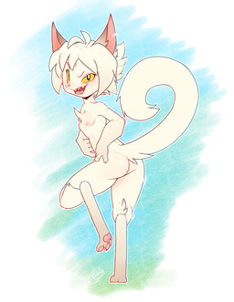 anthro biped black_eyes breasts butt chest_tuft claws digitigrade female hair looking_at_viewer looking_back looking_back_at_viewer nude on_one_leg open_mouth pawpads rear_view sharp_teeth short_hair simple_background small_breasts solo standing tan_body tan_hair teeth tongue tuft yellow_sclera galo azila_(galo) domestic_cat felid feline felis mammal 2025 absurd_res hi_res