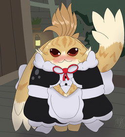 :3 ambiguous_gender anthro blush clothing fur lamp lantern maid_uniform plant smile solo uniform watistaht xenoblade_(series) xenoblade_chronicles_2 tora_(xenoblade) nopon 2023 hi_res male_(lore)