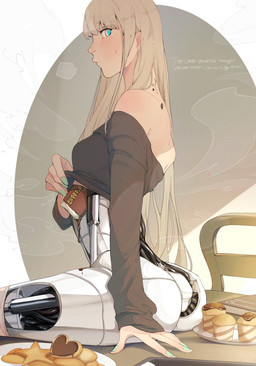 blonde_hair blue_eyes bodily_fluids candy chocolate clothed clothing clothing_lift colored_nails dessert detailed_background female food hair light_body light_skin long_hair long_sleeve_shirt looking_at_viewer machine mechabare nails pastry shirt shirt_lift solo speech_bubble steam sweat sweatdrop text topwear ecomoesty unnamed_character humanoid robot robot_humanoid digital_drawing_(artwork) digital_media_(artwork) hi_res