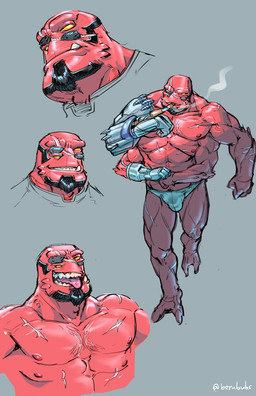 4_arms 4_eyes beard briefs clothed clothing eye_patch eyewear facial_hair male missing_eye multi_arm multi_eye multi_limb muscular muscular_humanoid muscular_male nipples prosthetic prosthetic_arm prosthetic_limb red_body red_skin smoking underwear underwear_only berububs ben_10 cartoon_network alien humanoid tetramand 2023 colored hi_res signature