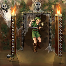 blonde_hair clothing fairy_dust female fire group hair hat headgear headwear humanoid_pointy_ears male melee_weapon pointy_ears spider_web sword torch weapon yellow_body yellow_skin animetayl nintendo ocarina_of_time the_legend_of_zelda link navi young_link arachnid arthropod fairy humanoid skulltula spider 1:1
